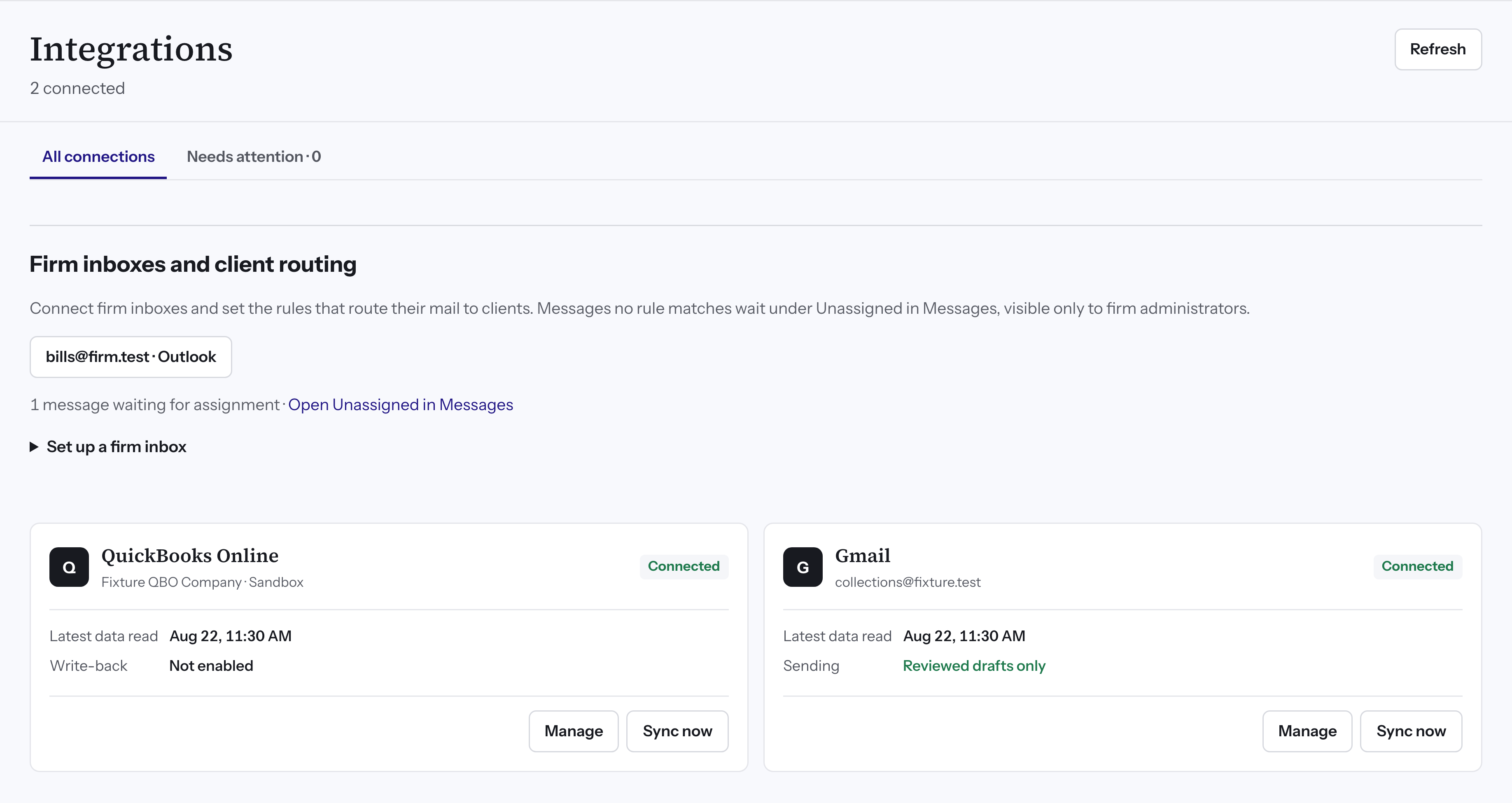 Connected QuickBooks and Gmail accounts, with ledger write-back not enabled and email sending limited to reviewed drafts.