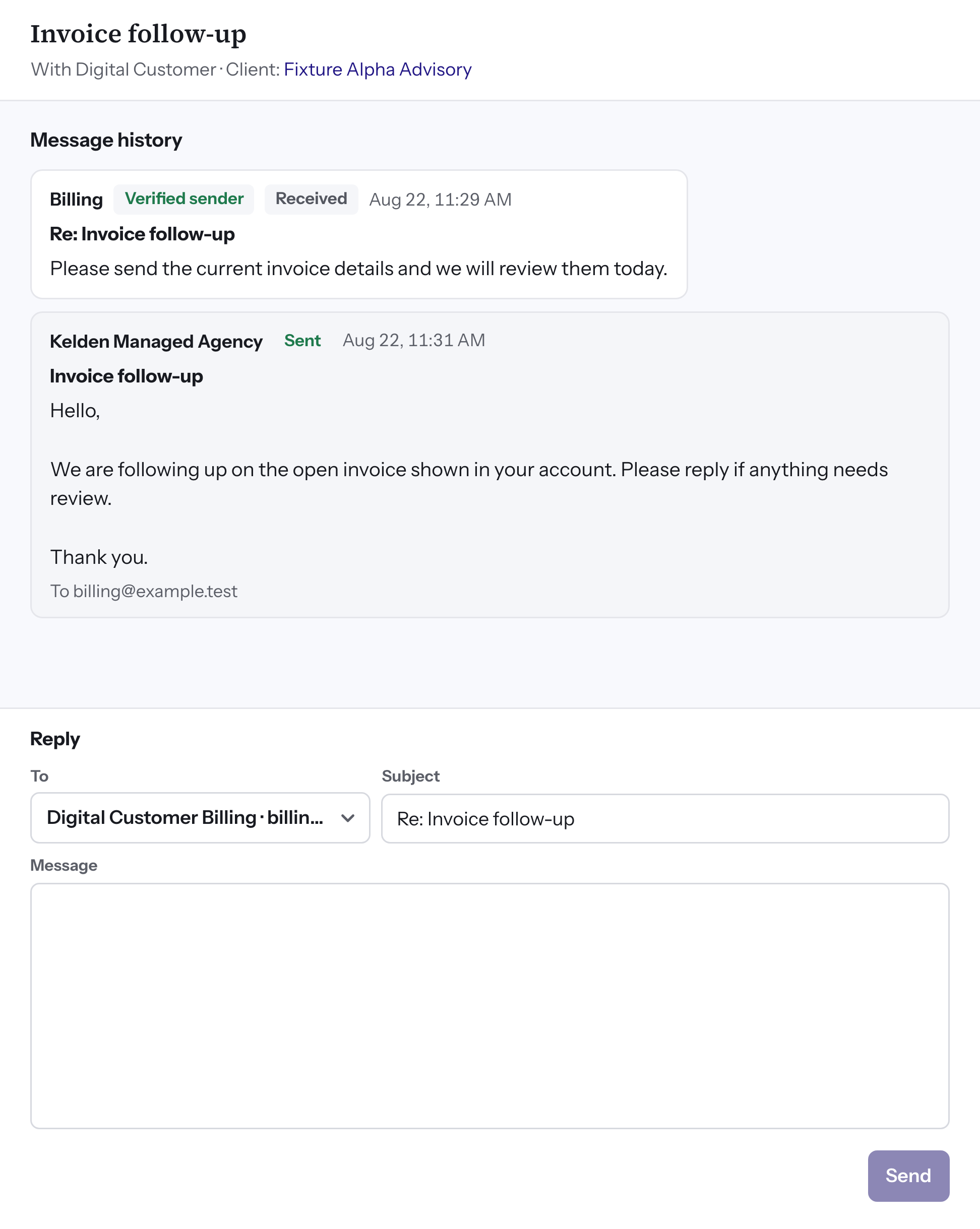 A sample client conversation with the incoming invoice request and the sent response recorded below it.