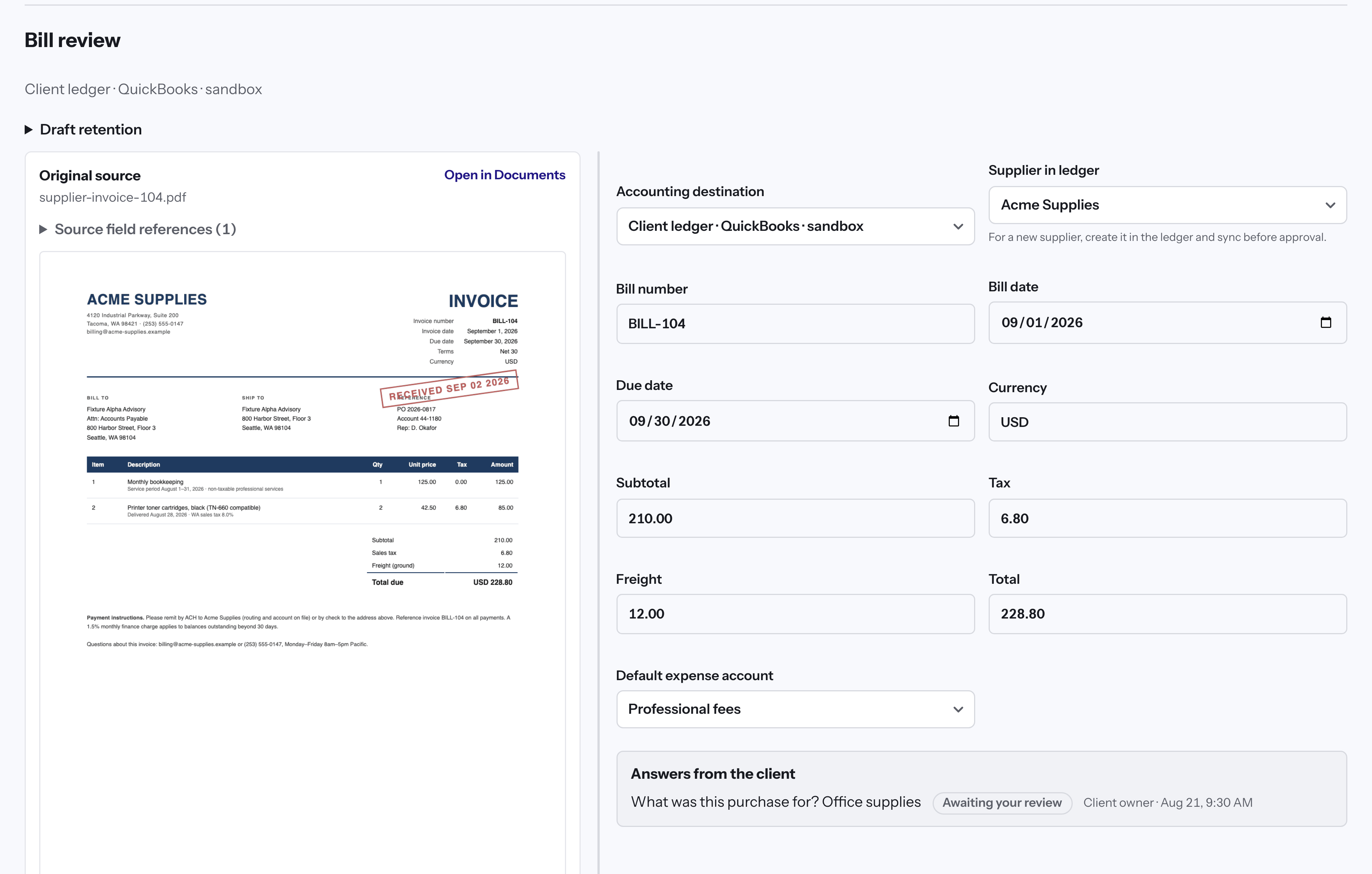 The original $228.80 supplier invoice beside the proposed supplier, account coding and accounting destination.